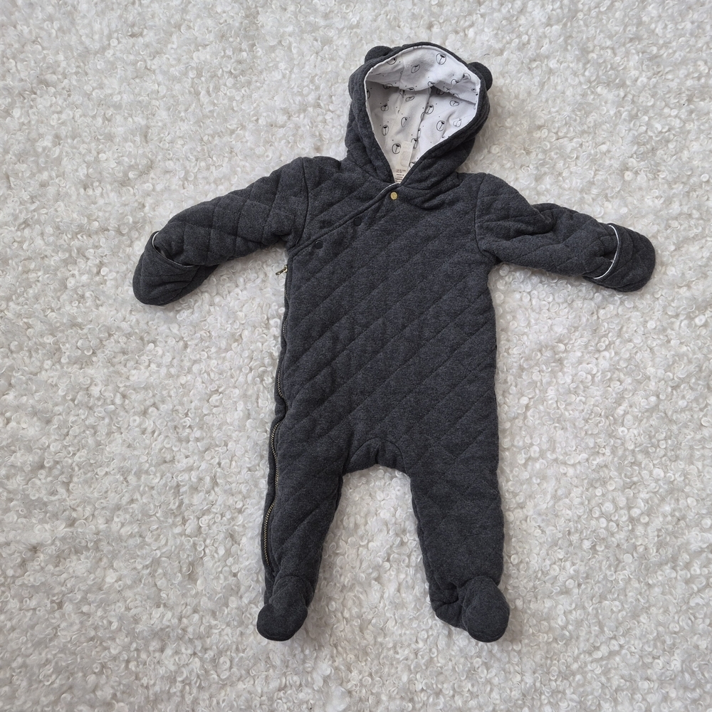 First Wish Grey Quilted Pram Suit 9-12M Animal Ear Hooded Bunting Side Zip